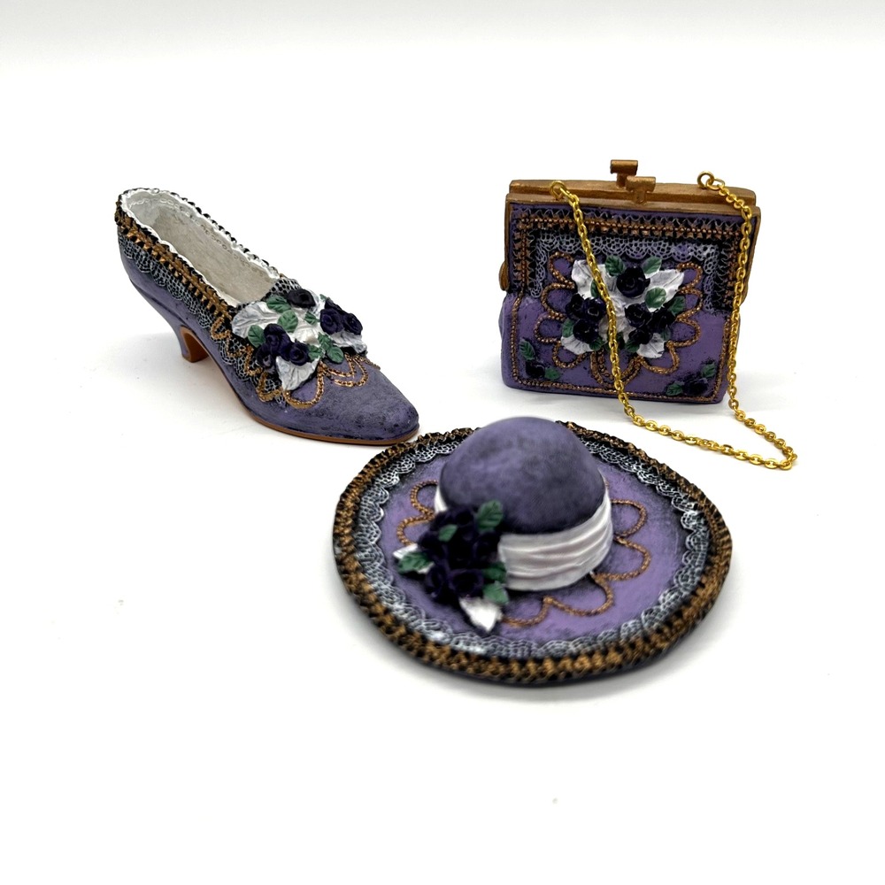 Vintage Miniature Set of 3 Victorian Shoe Handbag Hat Collectible Purple‎
